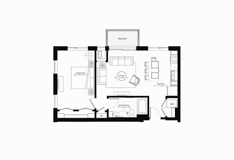 Floor plan for 1 bed, 1 bath, 760 sqft